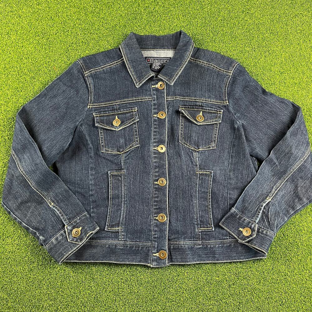 Vintage Y2K Baccini Blue Dark Wash Button Front Denim Jacket Sz L